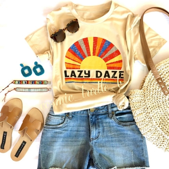 New Lazy Daze Rainbow Graphic T-Shirt Top - Picture 2 of 7